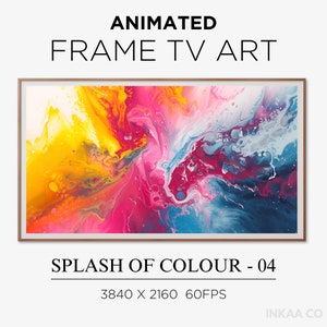 May include: Animated abstract art featuring a colourful swirl of yellow, pink, red, white, and blue paint. The art is displayed on a television screen with a wooden frame. The text "SPLASH OF COLOUR - 04" and "3840 X 2160 60FPS" is displayed below the image.