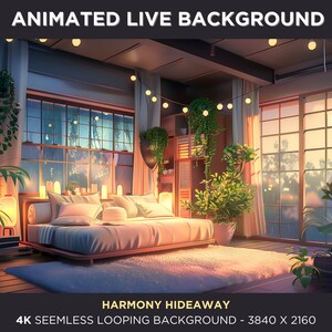 Peut inclure: Une illustration numérique d'une chambre à coucher avec un grand lit, un tapis et des plantes. La pièce a une grande fenêtre avec vue sur une forêt. La pièce est décorée de guirlandes lumineuses. Le texte "Harmony Hideaway" et "4K Seamless Looping Background - 3840 x 2160" est affiché en bas de l'image.