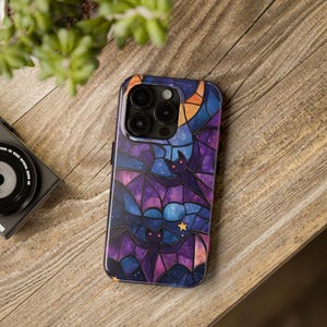 Halloween Celestial Bats Stained Glass Phone Case for iPhone 15 Pro 16 Max 14 Plus, 13, 12, 11 & Samsung Galaxy S24, S23 S22 S21 Case Cover