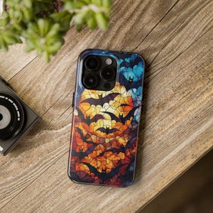 Halloween Celestial Bats Stained Glass Phone Case for iPhone 15 Pro 16 Max 14 Plus, 13, 12, 11 & Samsung Galaxy S24, S23 S22 S21 Case Cover
