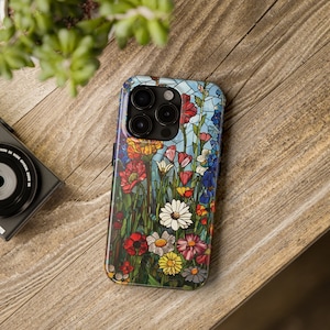 Wildflowers Stained Glass Phone Case for iPhone 16 Pro 15 Max, 14 Plus, 13, 12, 11, Samsung Galaxy s24 s23 Case Gift For Mom Sister Floral