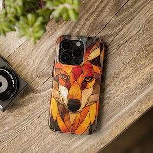 Wolf Stained Glass Phone Case for iPhone 15 Pro 16 Max, 14 Plus, 13, 12, 11 & Samsung Galaxy S24, S23, S22 and S21 Gift Her Him Wolf Lover