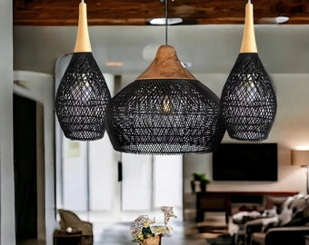 Exotic Black Pendant Light, Boho Bamboo Rattan Light Fixture, Restaurant Dining Room Pendant Light, Ceiling Light Fixture, Woven Lampshade