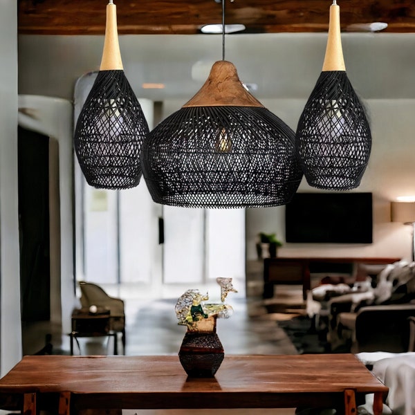 Exotic Black Pendant Light, Boho Bamboo Rattan Light Fixture, Restaurant Dining Room Pendant Light, Ceiling Light Fixture, Woven Lampshade