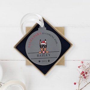 Doberman Pinscher Christmas Bauble | &#39;Santa Paws is coming for&#39; Personalised Dobermann Dog Tree Decoration Christmas Ornament