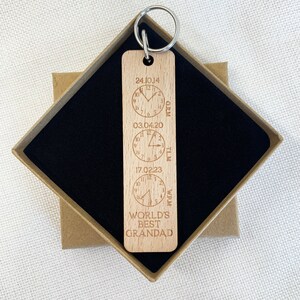 May include: Wooden keychain with a silver key ring. The keychain has three clocks with different times and the text "GRM 24.10.14", "TLM 03.04.20", "WP.M 17.02.23" and "WORLD'S BEST GRANDAD".