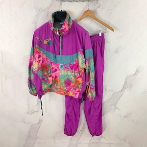 Vintage Abstract Pattern Track Suit Nylon Old School C.Keer Size 36 Purple Retro Sportswear