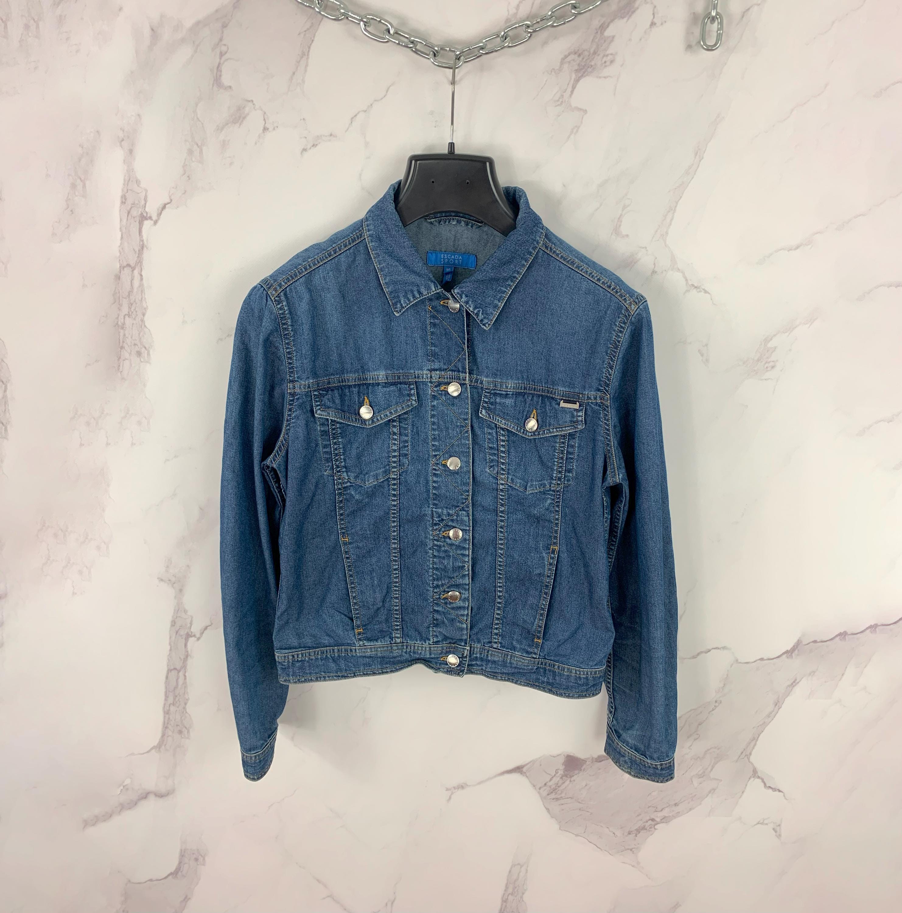 ESCADA エスカーダ デニム ラムレザー ジャケット 40 エルボーパッチ