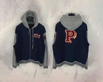 Jeansy Polo Ralph Lauren Vintage Bluza z kapturem XL Granatowa Szara Bluza z dużym logo z polaru zapinana na zamek
