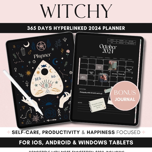 Witchy Planner - Dark Mode iPad Good notes Planner, ADHD Digital Planner, 2024 Digital Planner with Bonus Astrology Journal, Witches Planner