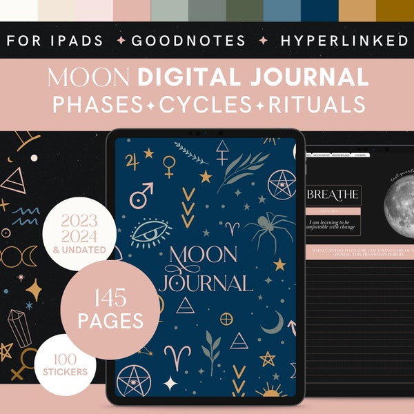 Moon Journal Digital para iPad / Calendario Lunar 2023, 2024 y Sin Fecha / Diario de Gratitud / Bebé Bruja / Libro de las Sombras / Diario de Brujas