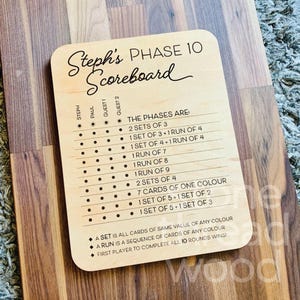Tablero de juego Phase 10 personalizado, Phase Ten de madera para 8 jugadores, juego de cartas, noche de juegos en familia, juego de mesa de madera, juego para ocho jugadores, nombre personalizado