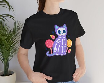 Camiseta unisex con esqueleto de gato para Halloween