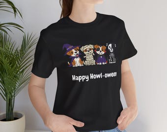 Camiseta divertida de Halloween con diseño de cachorro Howl-oween, disfraz de perro bonito, camiseta gráfica de manga corta unisex