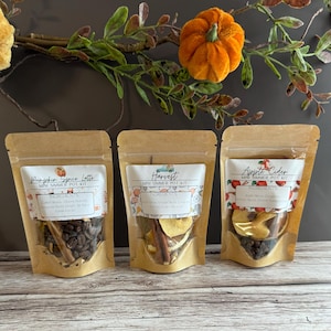 May include: Three small brown paper bags with labels that say "Pumpkin Spice Latte Mini Simmer Pot Kit", "Harvest Mini Simmer Pot Kit", and "Apple Cider Mini Simmer Pot Kit". Each bag contains a variety of dried ingredients, including spices, fruit, and coffee beans.