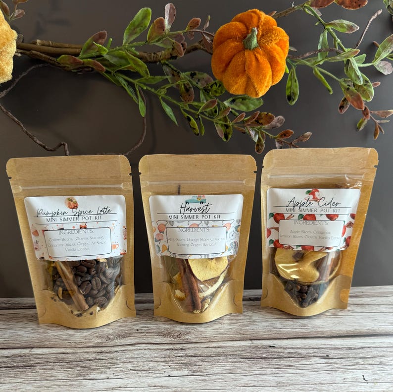 May include: Three small brown paper bags with labels that say "Pumpkin Spice Latte Mini Simmer Pot Kit", "Harvest Mini Simmer Pot Kit", and "Apple Cider Mini Simmer Pot Kit". Each bag contains a variety of dried ingredients, including spices, fruit, and coffee beans.