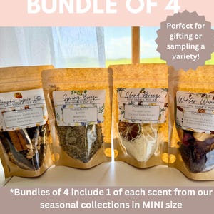 May include: Four mini simmer pot kits in clear pouches, each labeled with a different scent: Pumpkin Spice Latte, Spring Breeze, Island Breeze, and Winter Wonder. The kits contain various dried ingredients. Text reads "Bundle of 4".