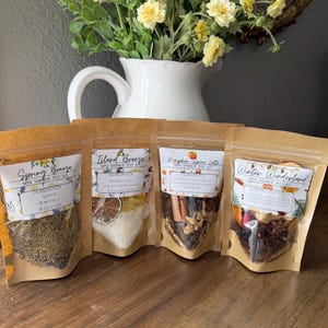 May include: Four stand-up pouches labeled Spring Breeze, Island Breeze, Pumpkin Spice Latte, and Winter Wonderland. Each contains dried ingredients for a simmer pot kit, including herbs, citrus slices, spices, and botanicals in clear plastic bags.