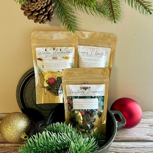 May include: Three kraft paper pouches labeled Winter Wonderland, Merry & Bright, and Christmas Morning, each containing dried ingredients for a simmer pot kit. The pouches are arranged in a black metal pot with pine branches and ornaments.