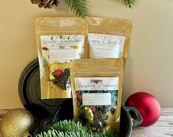 May include: Three kraft paper pouches labeled Winter Wonderland, Merry & Bright, and Christmas Morning, each containing dried ingredients for a simmer pot kit. The pouches are arranged in a black cast iron pot with pine branches and ornaments.