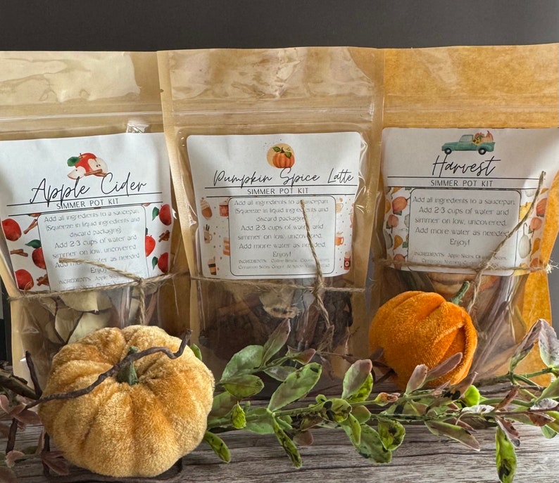 May include: Three brown paper bags with twine ties, each containing a simmer pot kit. The bags are labeled "Apple Cider", "Pumpkin Spice Latte", and "Harvest". Each bag contains dried ingredients and a small stuffed pumpkin.