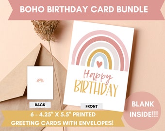 Boho Birthday Card Bundle with Envelopes - Set of 6 Cards and Envelopes - BLANK Inside - 4.25" x 5.5" - Choose White or Kraft Envelopes