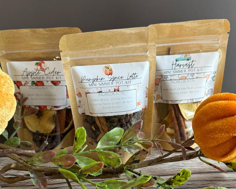 May include: Three brown paper bags with labels and ingredients for simmer pot kits. The labels read "Apple Cider", "Pumpkin Spice Latte", and "Harvest". The bags contain dried fruit, spices, and other ingredients.