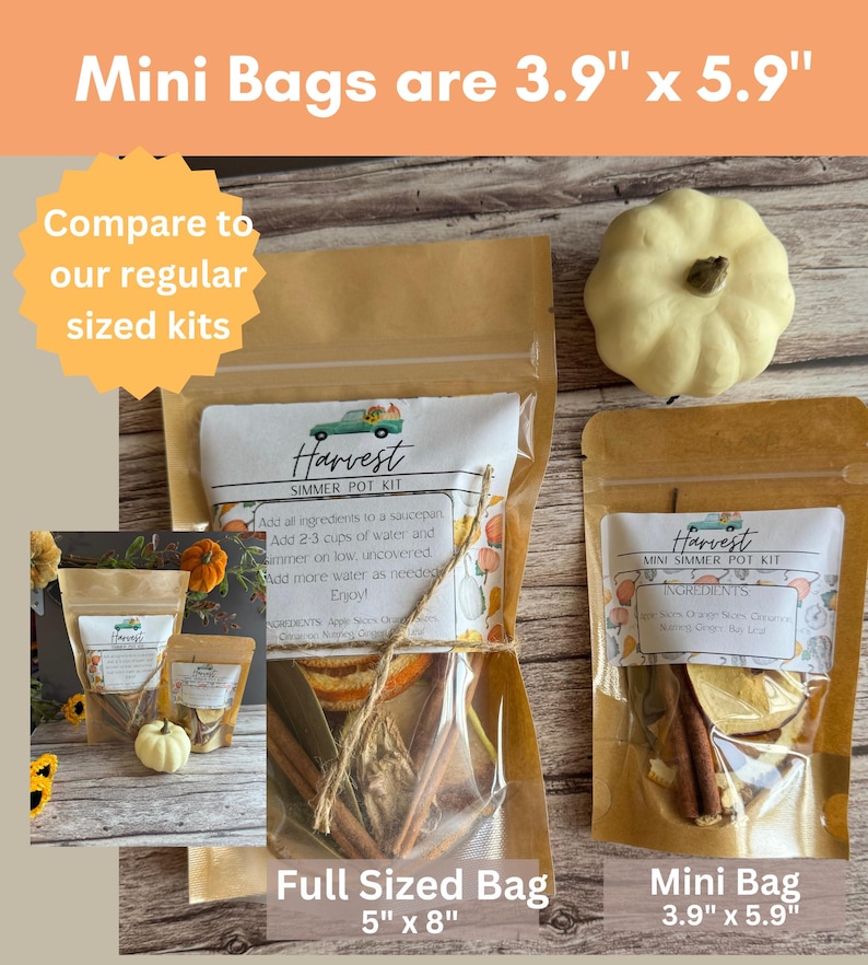 May include: Two brown paper bags with a clear window, containing a simmer pot kit. The smaller bag is labeled "Harvest Mini Simmer Pot Kit" and measures 3.9 inches by 5.9 inches. The larger bag is labeled "Harvest Simmer Pot Kit" and measures 5 inches by 8 inches. Both bags contain ingredients like cinnamon sticks, orange peels, and apple slices.