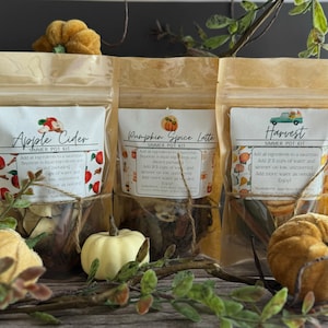 May include: Three small bags of simmer pot kits with fall-themed labels. The bags are tied with twine and contain dried ingredients. The labels read "Apple Cider", "Pumpkin Spice Latte", and "Harvest".