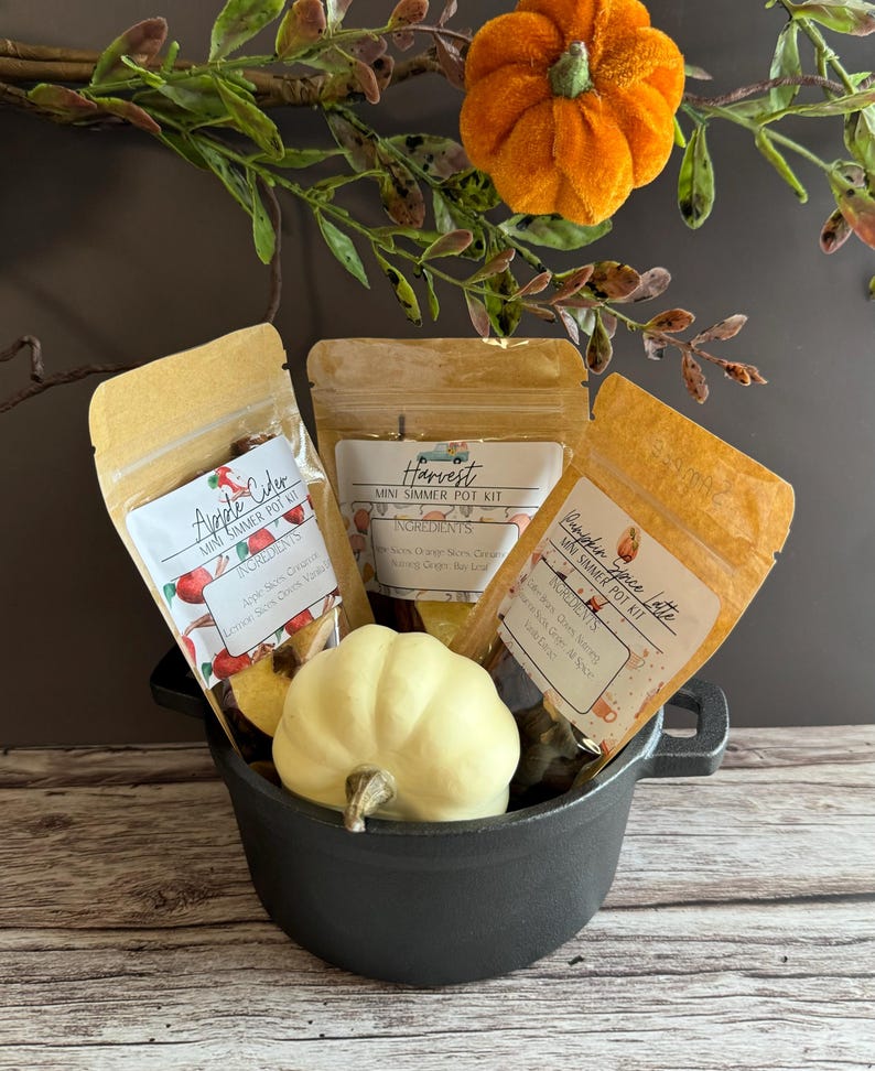 May include: Three small bags of simmer pot kits in a black cast iron pot. The bags are labeled "Apple Cider", "Harvest", and "Pumpkin Spice Latte". The pot is sitting on a wooden surface with a small white pumpkin in front of it.