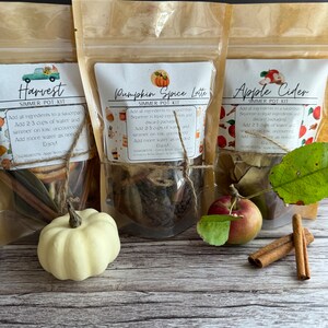 May include: Three brown paper bags with labels for simmer pot kits. The labels are for Harvest, Pumpkin Spice Latte, and Apple Cider. Each bag contains a variety of ingredients, including cinnamon sticks, dried fruit, and spices.