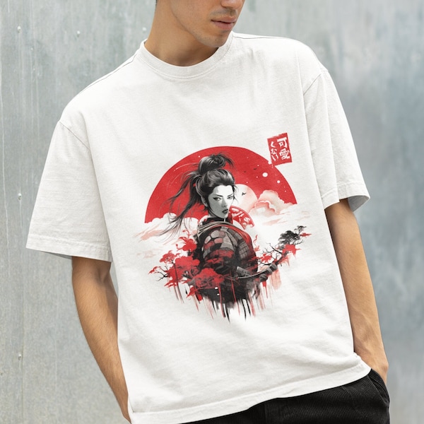 Japanese Flag Inspired Geisha Samurai Unisex Tshirt Christmas Gift, Perfect Xmas Present for Anime Lover, Unique Design Crewneck Trendy Tee