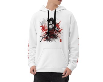 Geisha Samurai Hoodie, Gift for Anime Fan, White Sweatshirt Japanese Writing, Female Warrior Streetwear Stylish Fashion Street Style