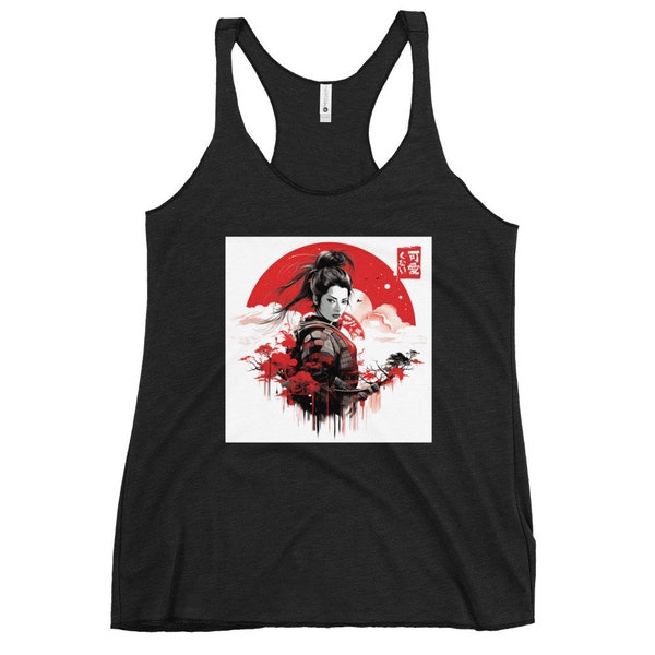 Japanese Flag Inspired Samurai Geisha Rising Sun Women's Workout Racerback Tank Christmas Gift, Anime Manga Lover Japan Xmas Present Shirt