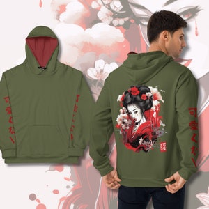 Geisha Hoodie, japan streetwear sweatshirt, japanese writing forest green anime hoodie gift for dad, stylish art fashion for women and men