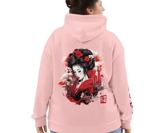 Sudadera con capucha de anime Geisha, sudadera de ropa urbana japonesa, sudadera con capucha rosa con escritura japonesa, regalo para papá, diseño artístico de moda elegante para mujeres y hombres