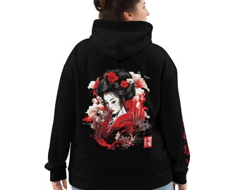 Sudadera de geisha, sudadera con capucha de anime negra con escritura japonesa, regalo para papá, diseño artístico de moda elegante para mujeres y hombres, ropa urbana japonesa