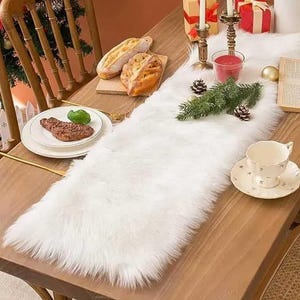 Shaggy Faux Fur Table Runner: White Christmas Decor (12x48")