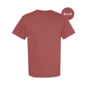 Pode incluir: Uma t-shirt de manga curta de cor tijolo s&oacute;lida com decote redondo. A pe&ccedil;a apresenta um design liso e sem padr&otilde;es num tom de vermelho suave. Um gr&aacute;fico circular no canto superior direito exibe o texto Brick em letras brancas.