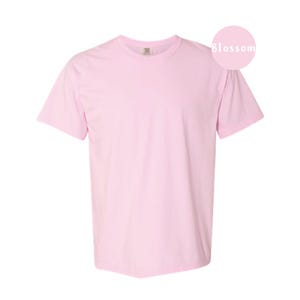 Pode incluir: Uma t-shirt de manga curta em rosa claro liso com decote redondo. A pe&ccedil;a apresenta uma pequena etiqueta na gola interior e um gr&aacute;fico circular rosa no canto superior direito contendo o texto branco Blossom numa fonte simples sem serifa.
