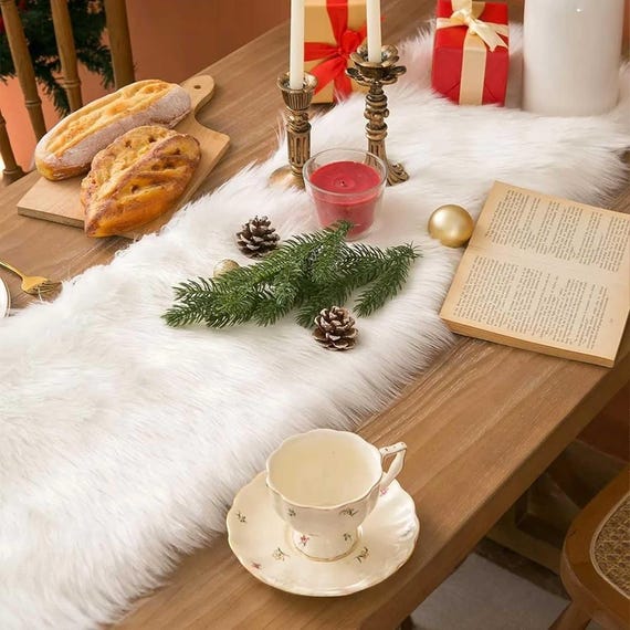 Shaggy Faux Fur Table Runner: White Christmas Decor (12x48