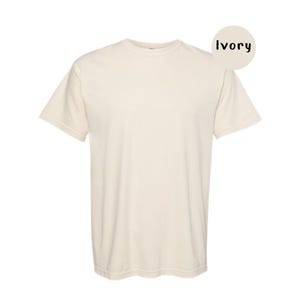 Pode incluir: Uma t-shirt de manga curta em cor marfim s&oacute;lida. A pe&ccedil;a apresenta um decote redondo e um corte padr&atilde;o. Um gr&aacute;fico circular no canto superior direito cont&eacute;m o texto Ivory, indicando a cor espec&iacute;fica do tecido apresentado na imagem.
