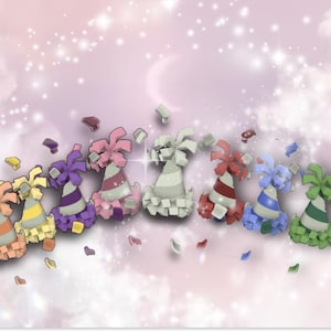 May include: A collection of party hats in a row, each with a unique design and colour scheme, including stripes and solid hues. The hats are set against a soft pink backdrop with confetti and sparkling effects, creating a celebratory atmosphere.