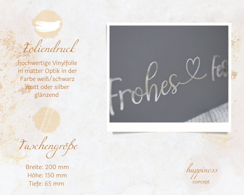 May include: A silver vinyl sticker with the text "Frohes & Fest" in a cursive font. The sticker is on a gray background. The sticker is 8 inches wide and 6 inches tall.