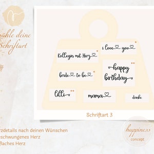 May include: A white card with a light yellow background and a cut-out shape of a shopping bag. The bag has eight labels with different text in black cursive font. The text on the labels includes "I love you", "Kollegin mit Herz", "bride to be", "happy birthday", "lilli", "mama", "danke". The card also includes the text "w&auml;hle deine Schriftart" and "Schriftart 3".