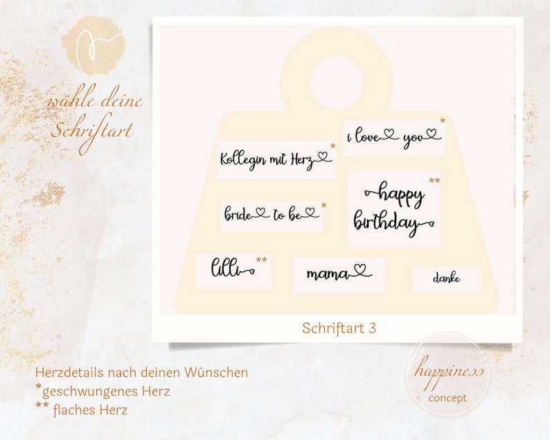 May include: A white card with a light yellow background and a cut-out shape of a shopping bag. The bag has eight labels with different text in black cursive font. The text on the labels includes "I love you", "Kollegin mit Herz", "bride to be", "happy birthday", "lilli", "mama", "danke". The card also includes the text "w&auml;hle deine Schriftart" and "Schriftart 3".