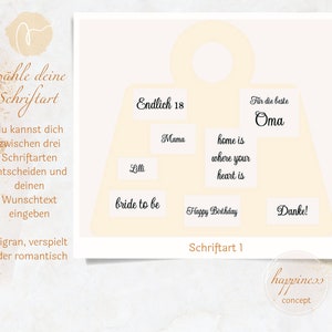 Pu&ograve; includere: Un modello stampabile per un'etichetta regalo personalizzata. L'etichetta ha la forma di una casa e offre una variet&agrave; di opzioni di testo, tra cui "Endlich 18", "Mama", "Lilli", "bride to be", "home is where your heart is", "Happy Birthday", "F&uuml;r die beste Oma" e "Danke!" Il modello include anche istruzioni per scegliere uno stile di font.