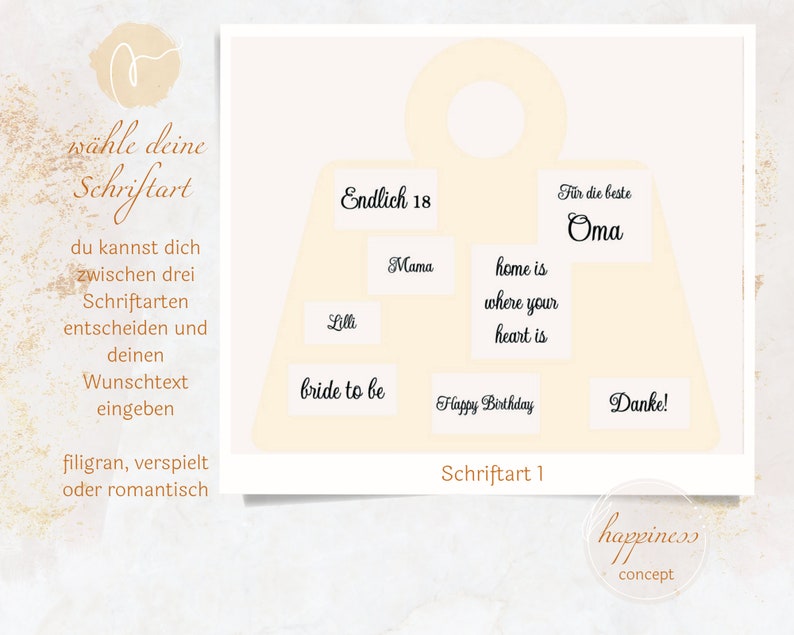 Pu&ograve; includere: Un modello stampabile per un'etichetta regalo personalizzata. L'etichetta ha la forma di una casa e offre una variet&agrave; di opzioni di testo, tra cui "Endlich 18", "Mama", "Lilli", "bride to be", "home is where your heart is", "Happy Birthday", "F&uuml;r die beste Oma" e "Danke!" Il modello include anche istruzioni per scegliere uno stile di font.