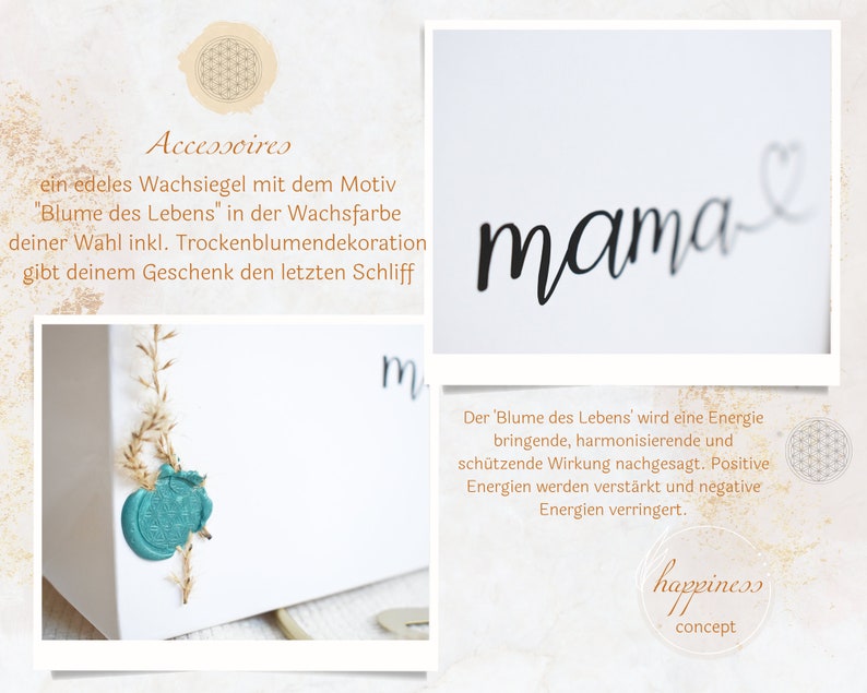 Pu&ograve; includere: Un sigillo di cera turchese con un design a fiore della vita, simbolo di armonia ed equilibrio, &egrave; posto su un cartoncino bianco con un rametto di erba secca. Il cartoncino ha il testo "mama" scritto in corsivo. Il testo "Der 'Blume des Lebens' wird eine Energie bringende, harmonisierende und sch&uuml;tzende Wirkung nachgesagt. Positive Energien werden verst&auml;rkt und negative Energien verringert." &egrave; scritto sotto il sigillo. Il testo "happiness concept" &egrave; scritto sotto il testo.