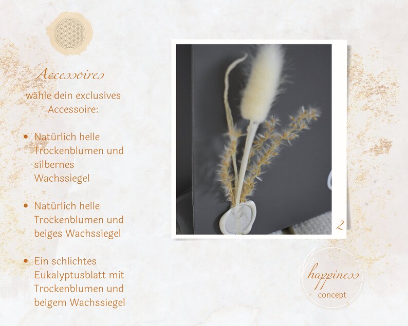 May include: Three options for wedding invitations: dried flowers with a silver wax seal, dried flowers with a beige wax seal, and a eucalyptus leaf with dried flowers and a beige wax seal. The text reads "Accessoires, w&auml;hle dein exclusives Accessoire: ".